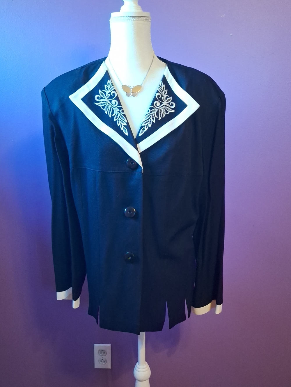Black Blazer with White Trim and Embroidered Collar